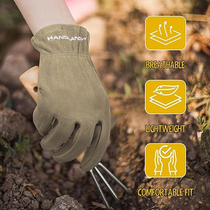 HANDLANDY Kids Genuine Leather Work Gloves for ages 3-11, Children Gardening Gloves for Boys, Girls (Small (for age2-4), Khaki)
