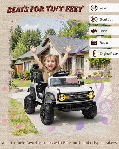 Ford Bronco Raptor 12V Toddler Ride on Toys, Safe Kids Ride on Truck with Remote Control, Children Electric Cars with 4 Wheels Suspension, Radio, Music, Bluetooth (12V, White)