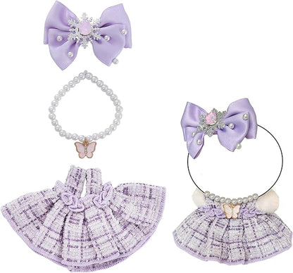 17cm Doll Clothes Set & Dolls Outfit 3-Piece Princess Clothes Set with Purple Dress Necklace and Bow Accessories for 17cm Plush Dolls, Clothes Only, No Doll Included (Purple A)