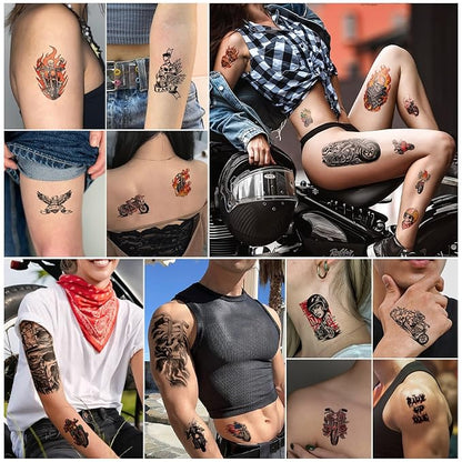 77 Sheets Motorcycle Temporary Tattoo for Women Men, 17 Sheets Half Arm Large Wing Skull Flowers Fake Tattoos, 60 Sheets Black Tiny for Adult Kids Party Body Tattoos Stickers Realistic