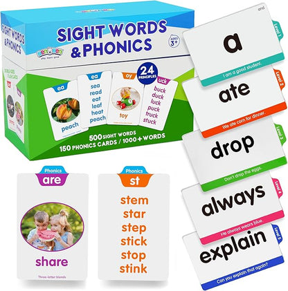 BenBen 650 Sight Words & Phonics Flash Cards, Learn to Read CVC, Blends, Long Vowel Sounds, Dolch & Fry High Frequency Site Words for Pre-k Kindergarten 1st 2nd 3rd Grade Kids Ages 3-9