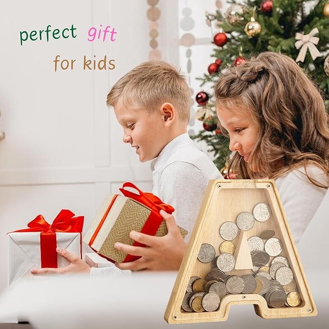 Wooden Alphabet Piggy Bank Clear Acrylic Panel Coin Savings Box Personalized Money Bank for Kids Boys Girls Adults, Birthday Home Décor(W)