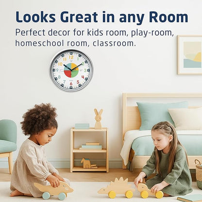 OWLCONIC Non Ticking Analog Clock for Kids Learning to Tell Time, Teaching Clock for Kids Wall, Clocks for Classroom, Homeschool Decor, Bedrooms, Silent, Homeschooling Resource.