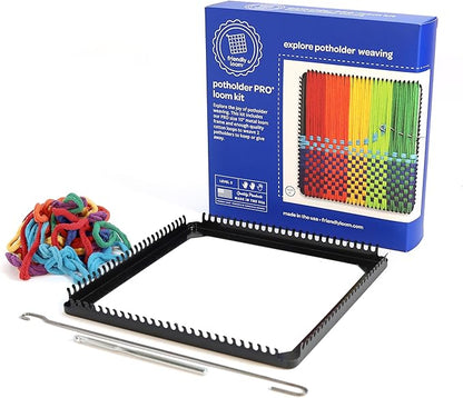Friendly Loom Potholder Pro Weaving Kit | 10”x10” Sturdy Metal Loom and Quality Cotton Weaving Loops | Complete Kit to Weave 2 Large, Durable Potholders | Made in The USA