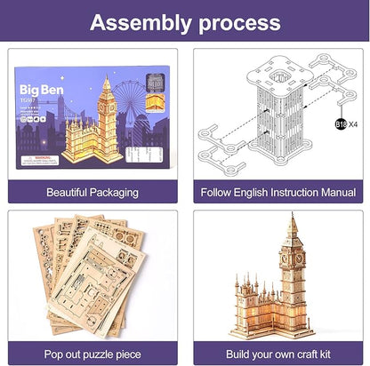 ROBOTIME 3D Puzzle for Adults Wooden Craft Kits for Teens DIY Construction Model Kit with LED Light to Build Educational Big Ben Set Toys Birthday Gifts