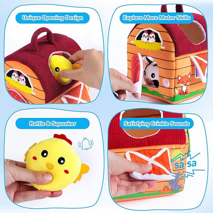 Baby Toys 6-12 Months, Little People Farm with Crinkle, Rattle & Squeaker – Little People Barn with Stuffed Farm Animals for Newborn Infants, Montessori Learning Toys for Babies
