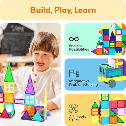 PicassoTiles 101 PCs Magnetic Tiles Building Blocks with Car & Drawstring Carry Bag Toy Storage Magnet Block for Toddlers Kids STEM Toy Set Educational Tile Learning Brain Development Ages 3+ PC101