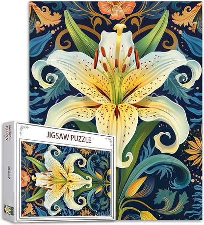 White Lily Flower Jigsaw Puzzle 1000 Pieces Puzzles for Adults,Green Plant Jigsaw Puzzles for Challenging Family Activity Games Colorful Russian Palekh Puzzle for Home Decor Gifts - 20 x 27 Inch