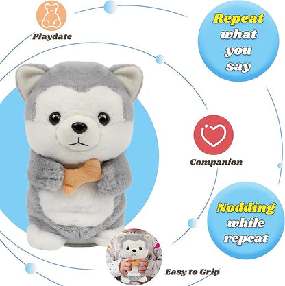 Hopearl Talking Husky Repeats What You Say Dog Nodding Electric Interactive Animated Puppy with Bone Toy Speaking Plush Buddy Gifts for Toddlers, Gray, 6.5''
