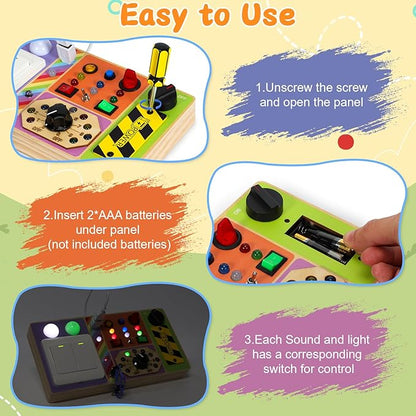 Busy Board Montessori Toys Wooden Sensory Board with 19 LED Light, Switch, Button Travel Activity Educational Learning Toddler Toys for 1-3 Year Old Boy and Girl
