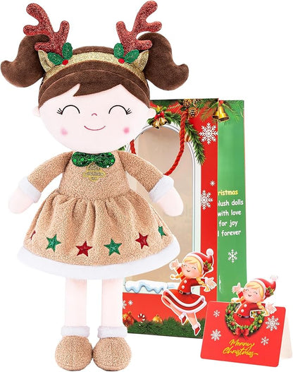 Gloveleya Christmas Reindeer Girl Plush Doll – 16" Soft Stuffed Animal Holiday Toy with Antlers, Gift Box & Card, Xmas Present for Toddler Girls, Baby Shower & Birthday Gift