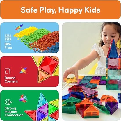PicassoTiles 120pcs Mini Size Magnetic Tiles Magnet Toys Diamond Series Sensory Construction Building Blocks Set STEM Learning Travel Size Educational Toy for Kids Boys Girls Toddlers Age 3+ PTM120