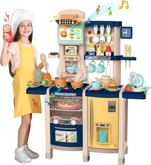 SANDINRAYLI 65Pcs Kids Kitchen Playset, Kitchen Toys, Large Toddler Play Kitchen Sets for Kids Ages 4-8, Pretend Toddler Kitchen for Girl & Boy 3-5, Baby Kitchen with Simulated Sound, Light, Blue
