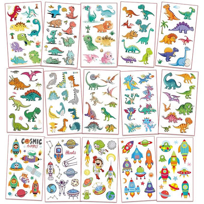 Waterproof Temporary Tattoos For Kids - 300 Pieces | Dinosaurs, Vehicles and Space | Temporary Tattoo Sheets for Boys | Party Favor for Goody Bags | Non-toxic、Skin-Safe*、Cosmetic-Grade