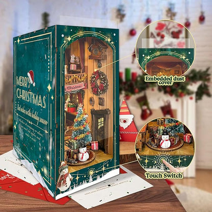 Christmas Book Nook Kit with LED Light - 3D Wooden Puzzles Booknook for Book Shelf Decor - DIY Dollhouse Kit - Book Nooks Decor with Dust Cover Jingle Cabin(SQ-34)