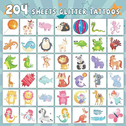 EMOME 204 Sheets Glitter Tattoos for Kids, Individually Wrapped Kids Temporary Tattoos for Girls and Boys, Fake Tattoo Stickers for Birthday Party Favors Supplies, Halloween Goodie Bag Stuffers
