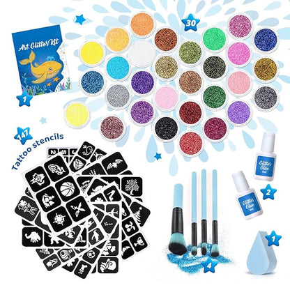 Temporary Glitter Tattoo Kids, Bledras 30 Colors Temporary Tattoo Set, 147 Stencils, 4 Brushes, 2 Glue, Glitter Tattoos for Kids or Adults, Gifts for Girls Boys, Carnival Birthday Festival Party