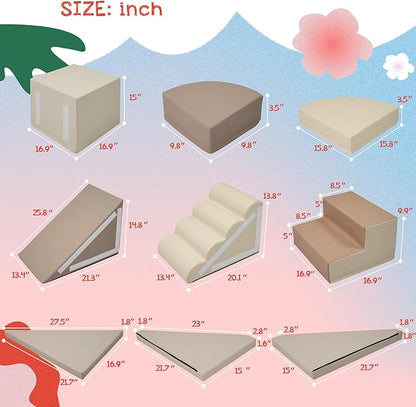 Merax Indoor Climbing Toys for Toddlers, 9-Piece Foam Climbing Blocks Climb & Crawl Tunnel Soft Play Set (9-Piece Cappuccino)