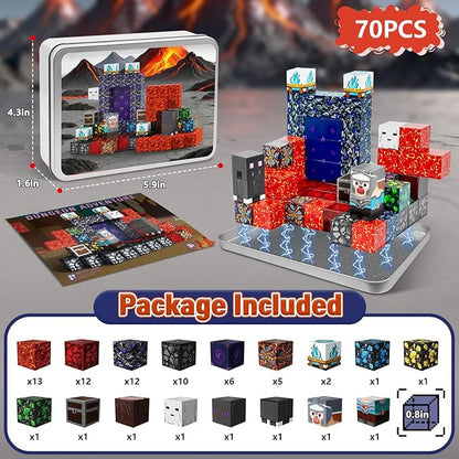 70PCS Magnetic Building Blocks Travel Toys for Kids Ages 4-8, Lava Portal Mini Magnetic Blocks with Iron Storage Box, Portable Magnet Cubes STEM Learning Set for Toddler Boys Girls Ages 3+
