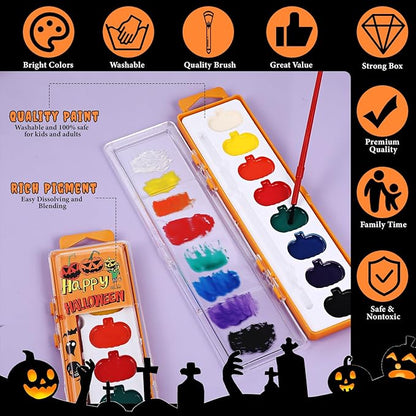 48 Pack Halloween Pumpkin Watercolor Paint Set for Kids 8 Washable Colors with Brushes Water Color Painting Kit for Halloween Painting Kit Gift Party Supplies