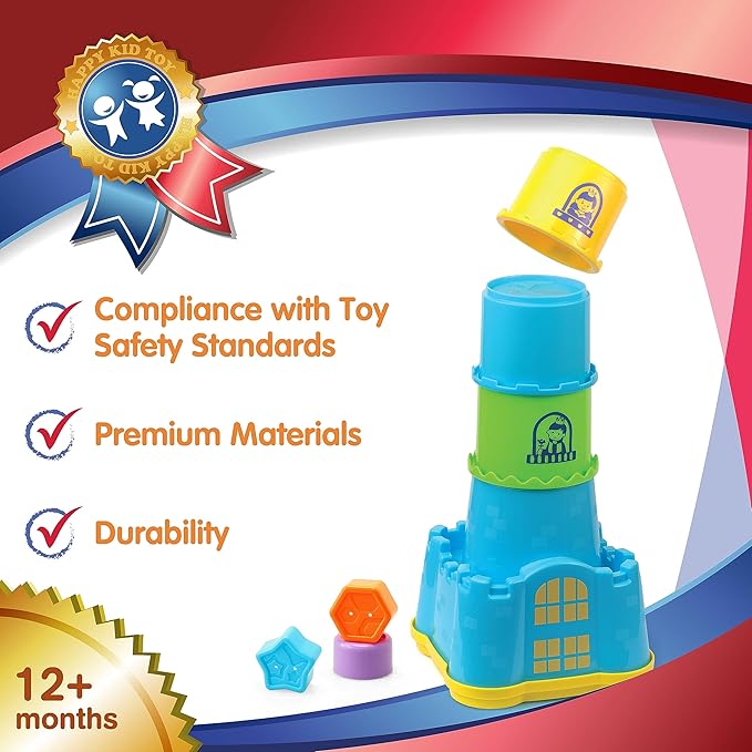 HAP-P-KID Toddler Baby Castle Stacking Nesting Cups, Infant Shape Sorting Blocks, Stack and Nest Sand Bath Stacker, Birthday Baby Gifts for 12 13 14 15 16 18 24 Months, 1 2 3 4 Year Old