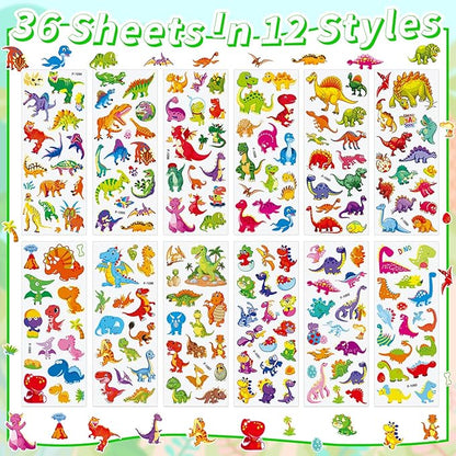 36 Sheets Dinosaur Stickers for Kids - 900+ 3D Puffy Stickers Prehistoric Theme | T-Rex, Stegosaurus, Volcano | Reusable, Waterproof | Crafts, Scrapbooking, Party Favors
