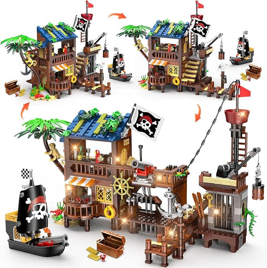 3 Style Pirate Ship Wharf Building Set with LED Light - 781PCS Medieval Pirate's House Building Block Toy, Architecture Bricks Kit for Kids Girls Boys Ages 6-12+ Birthday Gifts