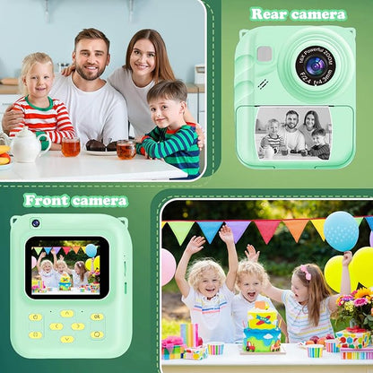 Instant Print Camera for Kids, 1080P Video Camera with 3 Print Rolls, 32GB Card & Cute Cover, Gift for Girls Boys Age 3-12, Toddler Digital Camera with Games, Filters, Music – Green