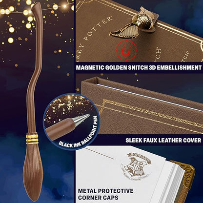 Harry Potter A5 Notebook Set with Broomstick Pen for Kids, Teens, Faux Leather Cover, Golden Snitch Detail, Stationery Supplies, Gifts for Kids (Brown Wand Pen)