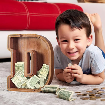 Summidate Customized Name Extra Large Wooden Piggy Bank for Kids Boys Girls Alphabets Letter A-Z Coins Bills Money Change Saving Box Clear Cover (Laser Engraved) Educational Toys 12"- Letter D
