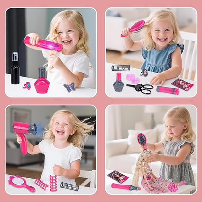 Beauty Hair Salon Playset, 22 Piece Hair Stylist Toy Kit with with Makeup Accessories & Hair Dryer, Pretend Play Set, Christmas & Birthday Gift for Girls
