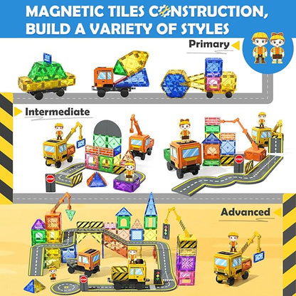 102 PCS Magnetic Tiles with 2 Cars & 2 Cranes Magnet Construction Building Kids Toys for Creative Play and STEM Learning Boys Toys & Gifts for 3-12