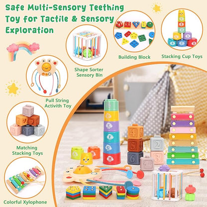 Montessori Baby Toys 6-12 Months Sensory Boxes & Teethers. 6-in-1 Stacking Blocks with Crab Design. Shape Sorting & Sensory Toys for 6-36 Months Babies.