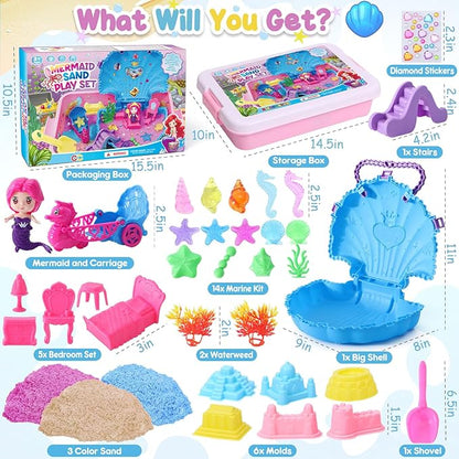 G.C Ocean Mermaid Sensory Bin for Girl Kid Toy, 2lb Play Sand/Large Sea Shell/Sandbox/ 6 Castle Molds/Figures, Mermaid Sensory Toys Christmas Birthday Gift for Toddlers Girls Age 3 4 5 6 7 8