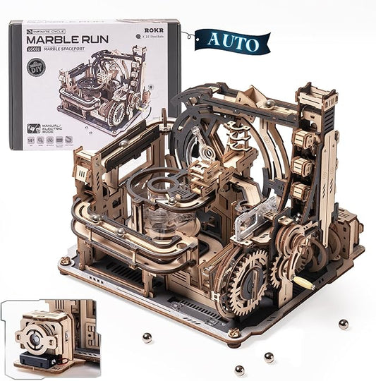 ROKR 3D Puzzles for Adults, Electric Model Kits Marble Spaceport LGC01, 472pcs Marble Run Brain Teaser Wooden Puzzles Building Toy, Desk Decor Creative Birthday Gifts for Men/Women 14+