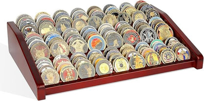 Challenge Coin Holder Display Case - 3 Tiers Solid Wood Military Coin Rack for 80-100 Coins, Army Coin Stand for Desk Display, Mahogany