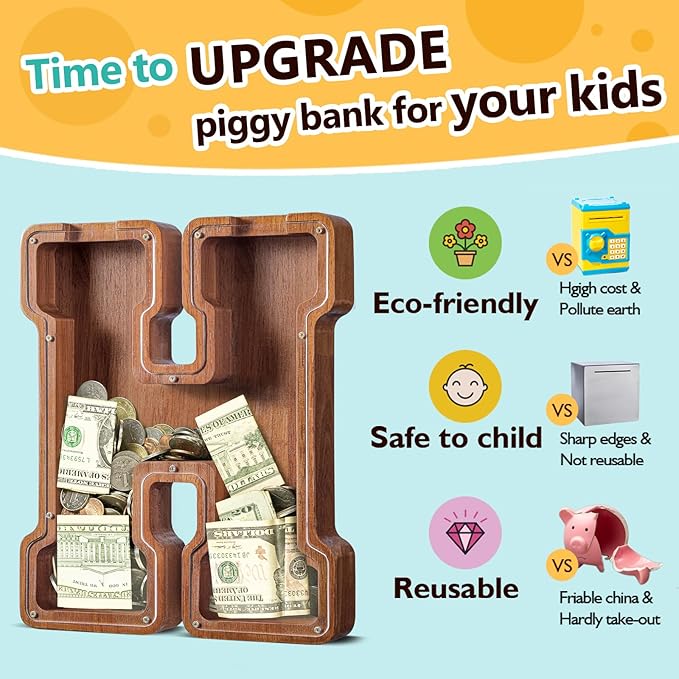 Summidate Customized Name Extra Large Wooden Piggy Bank for Kids Boys Girls Letter A-Z Coins Bills Money Change Bank Box Clear Cover (Laser Engraved) Educational Toys 12"- Letter H
