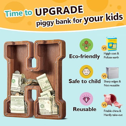Summidate Customized Name Extra Large Wooden Piggy Bank for Kids Boys Girls Letter A-Z Coins Bills Money Change Bank Box Clear Cover (Laser Engraved) Educational Toys 12"- Letter H