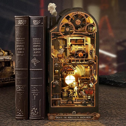 DIY Book Nook Kit, Miniature Bookshelf Decor with LED Lights, Laser-Cut Wooden Craft Set for Adults, Creative Gift for Christmas, Birthday, Mechanical World