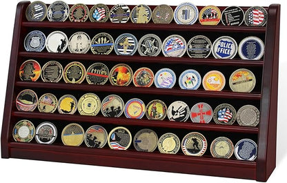 5 Rows Challenge Coin Holder Display Stand Holds 50 Coins for Wall Mount or Tabletop, Solid Wood Military Coin Rack Display Case for Army Collectibles, Mahogany