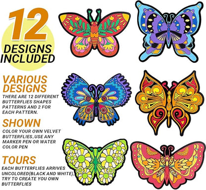 Bosctanuc 24 PCS Butterflies Velvet Coloring Cardstock,Fuzzy Art Posters Color Your Own Butterflies DIY Activity for Kids for Spring Craft