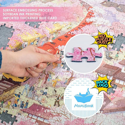 MOMIBOOK 1000 Piece Puzzle for Adults Jigsaw Puzzles of Arashiyama Sakura Tour, Painting Image Cherry Blossom Difficult Challenging Impossible Puzzle Unique Party Christmas Birthday Gifts