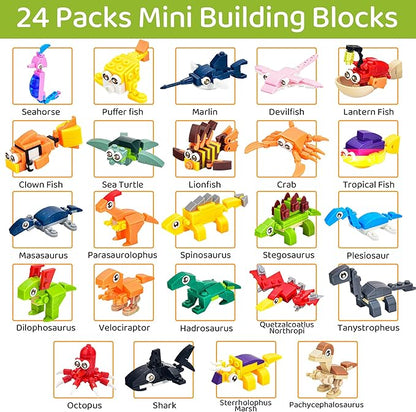 24 Packs Mini Building Blocks Animal Set Pinata Stuffers Prize Box Toys for Kids Classroom Activity with Themes of Dinosaur and Sea Creatures