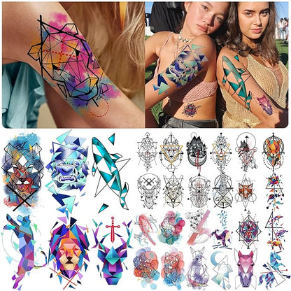 77 Sheets Geometric Animal Temporary Tattoo, 17 Sheets Half Arm 3D Lions Fox Wolf Owl Tiger Fake Tattoos for Adults Women Men, 60 Sheets Tiny Skull Cat Flower Tattoos Sticker for Kids Boy Girl