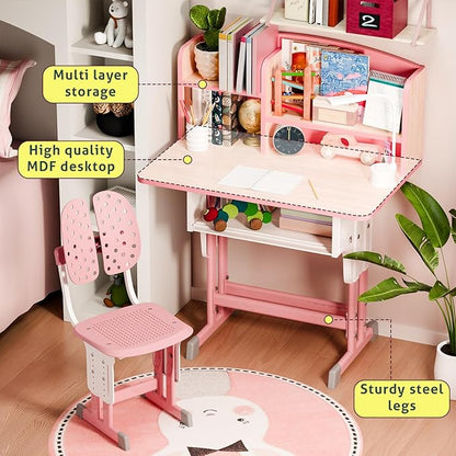 2025 NEW Kid's Study Desk and Chair Set, Ergonomic Height Adjustable Children Study Desk with Tilt Desktop, Book Stand, Light, Metal Hook and Storage Drawer,Gift for Boys Girls (Pink 70cm no lean)