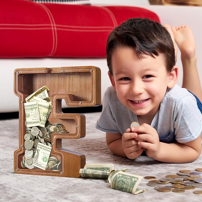 Summidate Large Wooden Piggy Bank for Kids Adults, Alphabets Letter A-Z Piggy Bank for Boys Girls, Coins Bills Change Bank Box Personalized Initial Name Kids Money Bank for Birthday Present and Decor