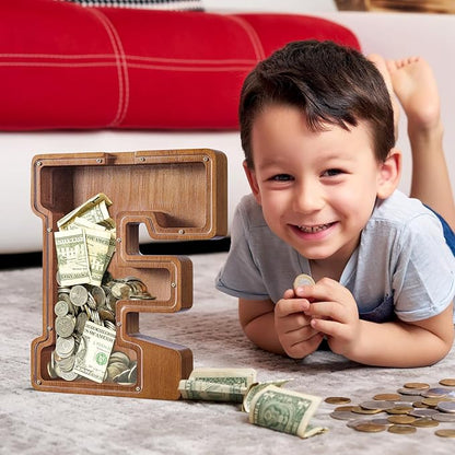 Summidate Large Wooden Piggy Bank for Kids Adults, Alphabets Letter A-Z Piggy Bank for Boys Girls, Coins Bills Change Bank Box Personalized Initial Name Kids Money Bank for Birthday Present and Decor