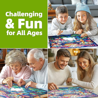 Stained Glass Flower Puzzles for Adults 1000 Pieces Colorful Waterlily Impossible Hard Puzzle for Adults Beautiful Vintage Flowers Art Jigsaw Puzzles Unique Challenging Mosaic Floral Family Puzzle