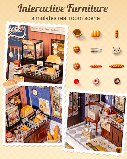 Rolife Super Creator Mini-Size | DIY Miniature Plastic House Building Set Playset with Dustcover, Suitable for Mini Figures Construction Toys Diorama Gifts for Adults (Butter Bakery House)