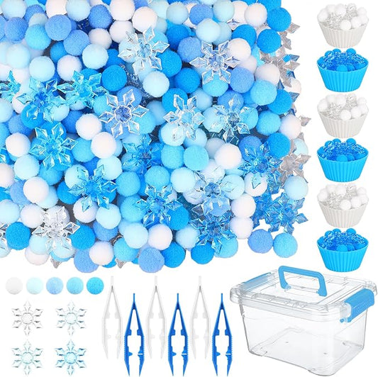 700PCS Winter Sensory Bin Items Christmas Sensory Bin Filler 240 Pompoms 450 Resin Snowflake 6 Cups 6 Tweezers 1 Storage Box for Winter Xmas Sorting Counting Training Preschool Education Activities